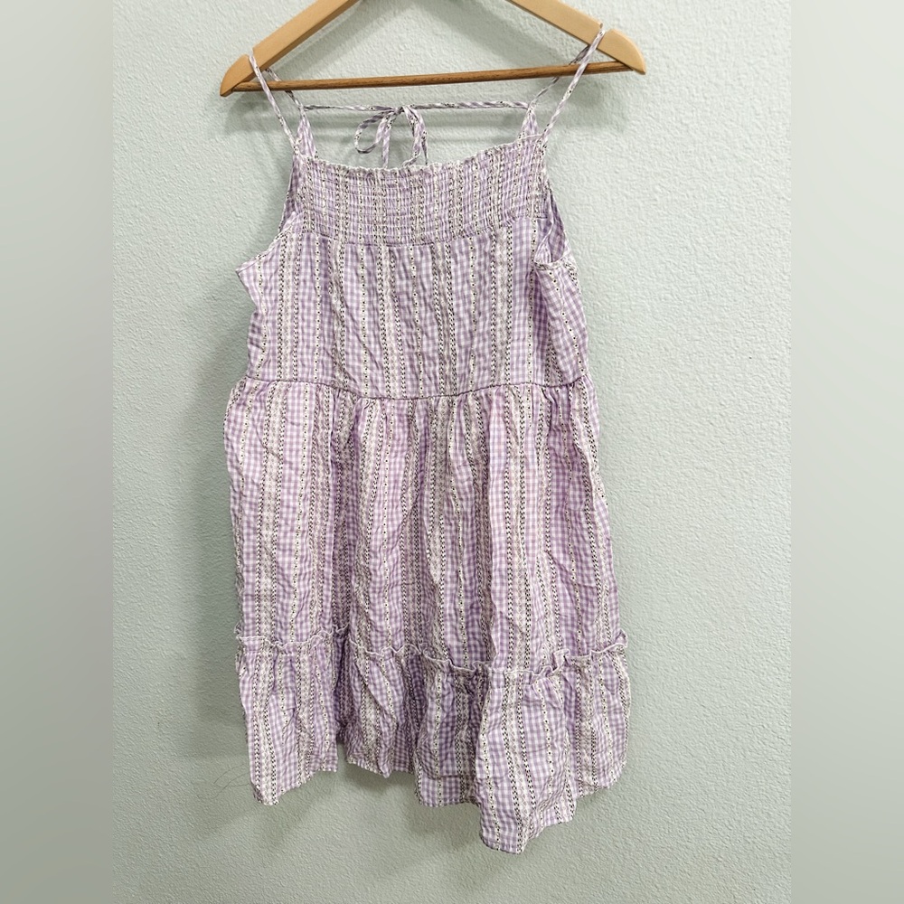 HYFVE Lavender Checkered Women Dress Medium Buckle Thin Strap Tie Back